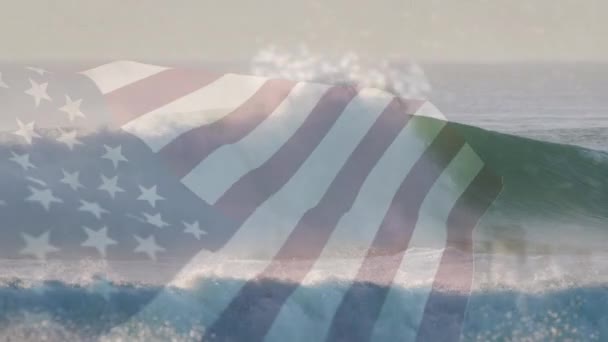 Animation Drapeau Des États Unis Soufflant Sur Paysage Marin Voyage — Video