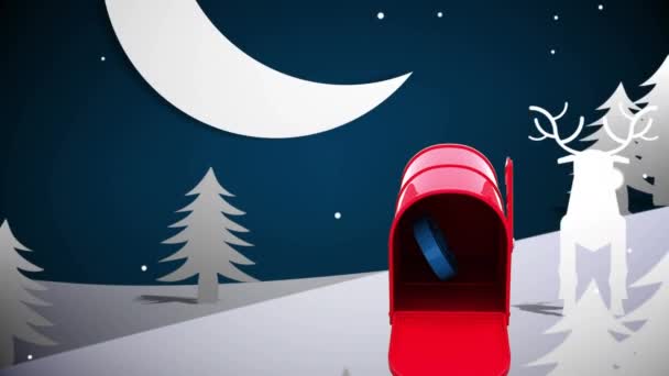 速度的迹象显示 红色的邮箱在降雪之上 冬季风景与夜空相映成趣 圣诞节的庆祝和庆祝概念 — 图库视频影像