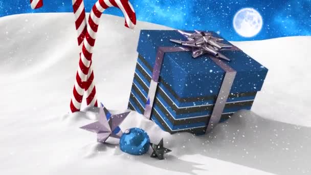 Animace Sněhu Padající Přes Vánoční Dárek Cukroví Noci Vánoční Tradiční — Stock video