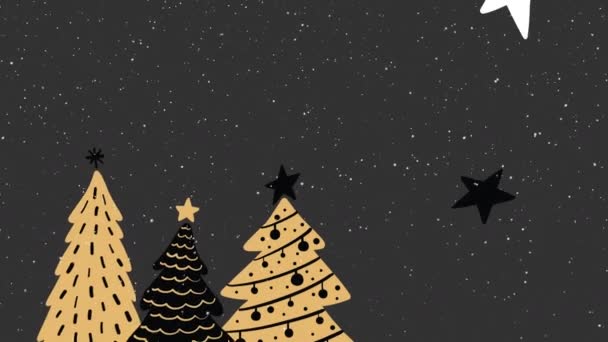 Animación Nieve Cayendo Sobre Árboles Navidad Estrellas Sobre Fondo Gris — Vídeo de stock