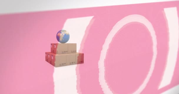 Animation Traitement Des Données Sur Globe Pile Boîtes Carton Concept — Video