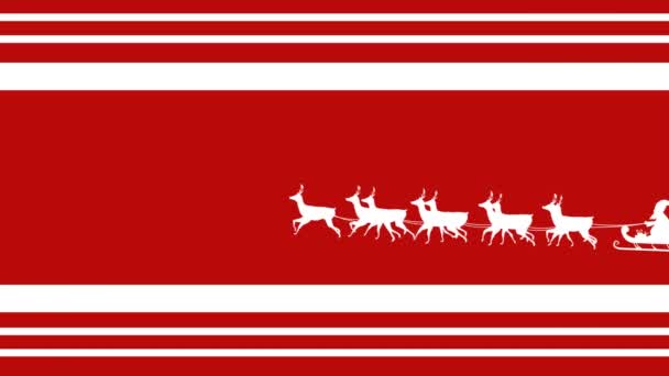 赤い縞模様のクリスマスの背景に動いているトナカイとそりのアニメーションサンタクラス クリスマス お祝いのコンセプトをデジタルで — ストック動画