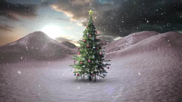 Glad Jul Text Över Julgran Och Vinter Landskap Jul Tradition — Stockvideo