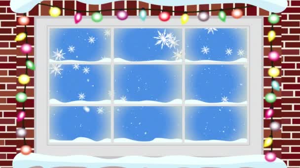 Animation Snow Fallin Green Fireworks Exploding Seen Window Christmas Winter — Stock Video