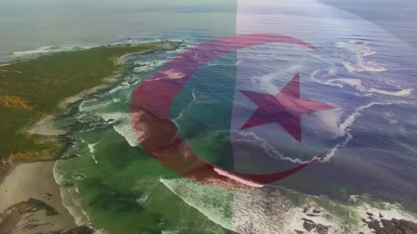 Animacja Flagi Algierii Wieje Nad Dobrymi Rękami Plażowym Krajobrazie Podróże — Wideo stockowe