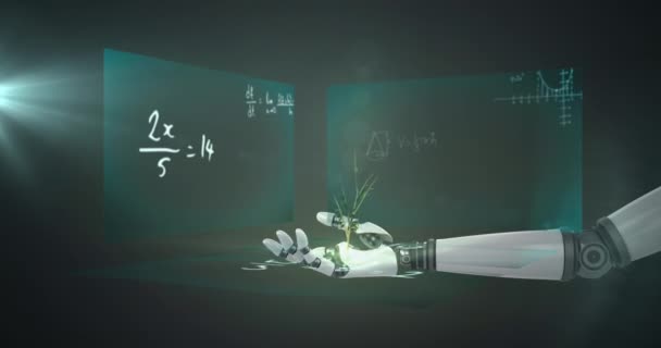 Animatie Van Plant Arm Van Robot Gegevensverwerking Schermen Mondiaal Concept — Stockvideo