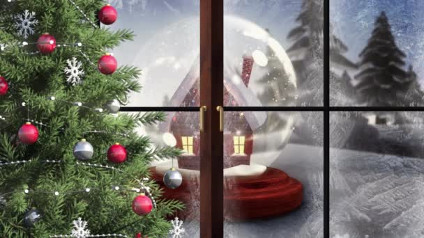 Κινούμενο Σχέδιο Χειμερινού Τοπίου Και Χιονόμπαλας Μέσα Από Παράθυρο Χριστούγεννα — Αρχείο Βίντεο