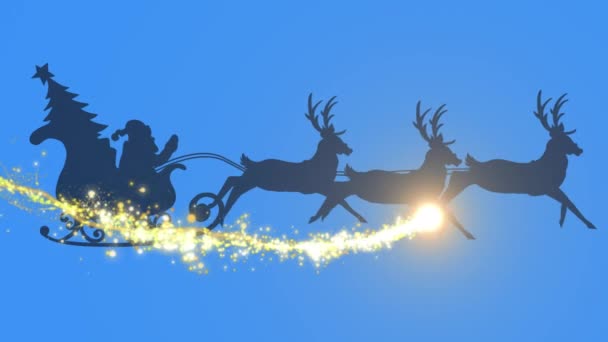 流星在雪橇上的圣塔爪的轮廓之上被蓝色背景的驯鹿拉着 圣诞节的庆祝和庆祝概念 — 图库视频影像
