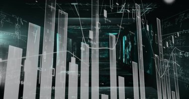 Siyah arkaplana karşı matematiksel denklemlerle ekranlara karşı istatistiksel veri işleme. bilgisayar arayüzü ve teknoloji kavramı