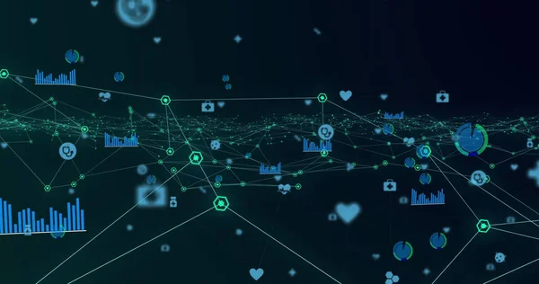 緑の輝くデジタルアイコンのネットワークのデジタル画像は 青の背景に移動します コンピュータ インターフェースとネットワーク技術の概念は — ストック写真