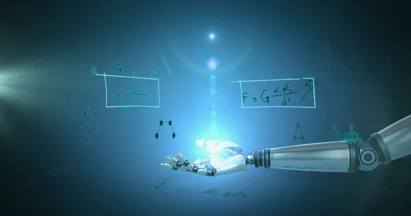 Σημείο Φωτός Πάνω Από Ρομποτικό Χέρι Ενάντια Στις Μαθηματικές Εξισώσεις — Φωτογραφία Αρχείου
