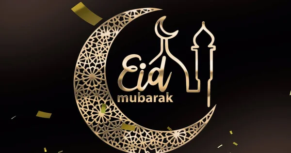 Afbeelding Van Tekst Eid Mubarak Met Moskee Maansikkel Symbool Confetti — Stockfoto
