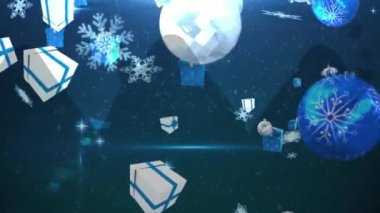 Mavi arka planda noel süslerinin üzerine düşen karların animasyonu. Noel, kış, gelenek ve kutlama konsepti dijital olarak oluşturulmuş video.