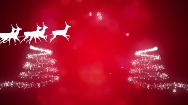 Kırmızı arka planda ren geyiği olan Noel Baba ve Noel Baba 'nın kızakta canlandırılması. Noel, kış, gelenek ve kutlama konsepti dijital olarak oluşturulmuş video.