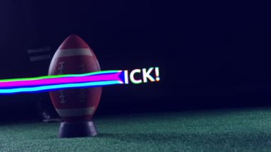 Beyazlı tekme metninin animasyonu, renkli izler ve siyah arka planda ayak tekmeleyen ragbi topu. Sosyal medya ve iletişim konsepti dijital olarak oluşturulmuş video.