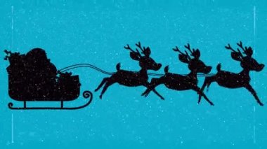 Noel Baba 'nın siluetinin üzerine düşen kar, yeşil arka planda ren geyikleri tarafından çekiliyor. Noel şenliği ve kutlama konsepti