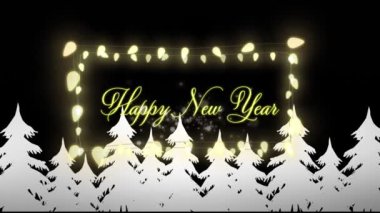 Peri ışıklarıyla yazılmış mutlu yeni yıl metinlerinin animasyonu köknar ağaçları ve kış manzarası üzerine kurulu. Yeni yıl arifesi, gelenek ve kutlama konsepti dijital olarak oluşturuldu.