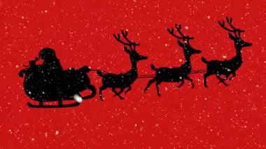 Noel Baba 'nın siluetinin üzerine düşen kar kırmızı arka planda ren geyikleri tarafından çekiliyor. Noel şenliği ve kutlama konsepti