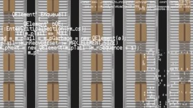 Taşıyıcı bantlardaki karton kutuların üzerinde veri işleme animasyonu. küresel gönderim ve bağlantılar konsepti dijital olarak oluşturulmuş video.