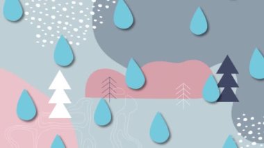 Kış manzarasında düşen yağmur damlalarının animasyonu. Noel, kış, gelenek ve kutlama konsepti dijital olarak oluşturulmuş video.