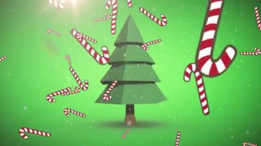 Yeşil arka plandaki Noel ağacının üzerine düşen kar ve şeker kamışının animasyonu. Noel, kış, gelenek ve kutlama konsepti dijital olarak oluşturulmuş video.     