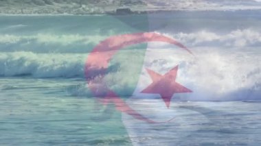 Denizlerde dalgalanan Cezayir bayrağının animasyonu. seyahat, tatiller, vatanseverlik ve dijital olarak üretilen video konsepti.