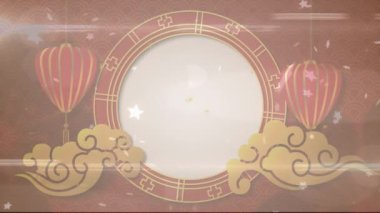 Kırmızı, altın yüzük ve altın bulutlarla beyaz çemberin üzerine düşen beyaz yıldızların animasyonu. Kutlama, enerji ve ışık konsepti dijital olarak oluşturulmuş video.