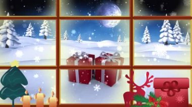 Kış manzarası animasyonu ve pencereden görülen hediyeler. Noel, gelenek ve kutlama konsepti dijital olarak oluşturuldu.