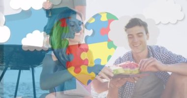 Renkli yapboz parçalarının animasyonu yaz plaj partisinde mutlu arkadaşlara karşı yürek ister. otizm, öğrenme güçlüğü, destek ve farkındalık kavramı dijital olarak oluşturulmuş video.