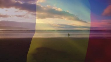 Belçika bayrağının deniz manzarası dalgalanması. seyahat, tatiller, vatanseverlik ve dijital olarak üretilen video konsepti.