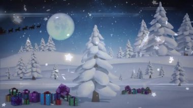 Kış manzarası animasyonu, hediyeler ve kızakta Noel Baba. Noel, kış, gelenek ve kutlama konsepti dijital olarak oluşturulmuş video.