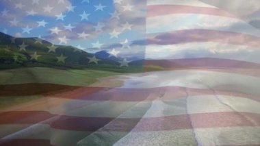 Deniz manzarası dalgalanan Birleşik Devletler bayrağının canlandırması. seyahat, tatiller, vatanseverlik ve dijital olarak üretilen video konsepti.