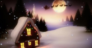 Kış manzarasına Noel Baba 'nın kızağıyla kar yağışının animasyonu. Noel, gelenek ve kutlama konsepti dijital olarak oluşturuldu.