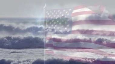 Denizde dalgalanan Amerikan bayrağının animasyonu. seyahat, tatiller, vatanseverlik ve dijital olarak üretilen video konsepti.