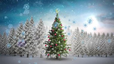 Kış manzarasında Noel ağacının üzerine düşen kar animasyonu. Noel, kış, gelenek ve kutlama konsepti dijital olarak oluşturulmuş video.
