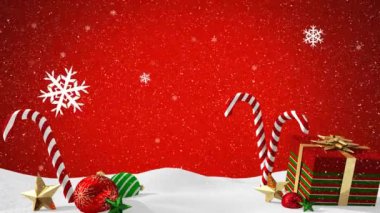 Kar yağışının animasyonu ve kırmızı arkaplanda noel hediyesi. Noel, gelenek ve kutlama konsepti dijital olarak oluşturuldu.