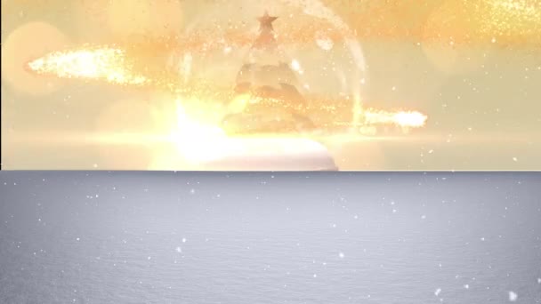 クリスマスツリーと流れ星で雪の地球上に落ちるのアニメーション クリスマス お祝いのコンセプトをデジタルで — ストック動画