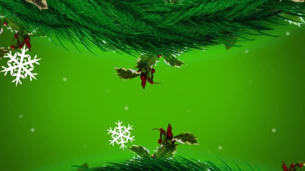 Animazione Rami Abeti Con Decorazione Sopra Neve Che Cade Natale — Video Stock