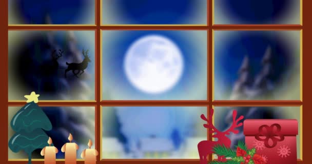 雪橇上的圣爪与驯鹿的动画 透过窗户和圣诞装饰可以看到 圣诞节 传统和庆祝概念数字制作的视频 — 图库视频影像