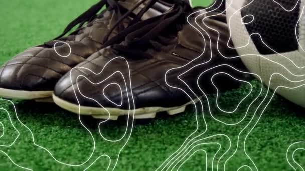 Animação Linhas Brancas Movendo Sobre Bola Futebol Sapatos Conceito Global — Vídeo de Stock