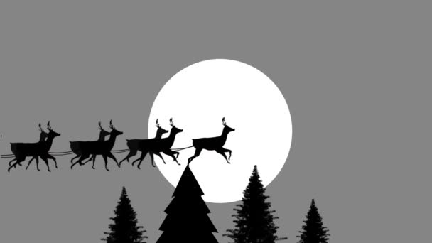 Анимация Санта Клауса Санях Северным Оленем Над Снегом Падающим Сером — стоковое видео