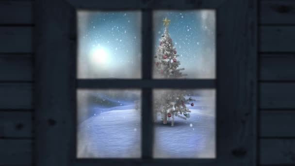 Animation der Fensteransicht von Weihnachtsbaum und Winterlandschaft. Animation von Fensterblick und Weihnachtsdekoration. Weihnachten, Winter, Tradition und Festkonzept digital generiertes Video.