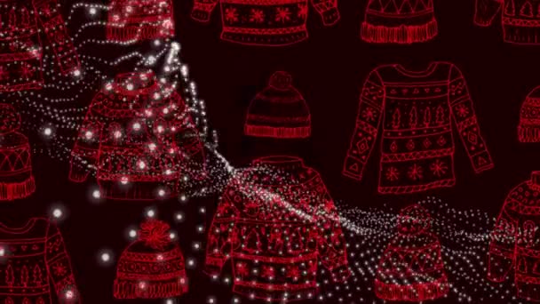 Animación Luz Brillante Sudaderas Sombreros Navideños Sobre Fondo Oscuro Navidad — Vídeo de stock