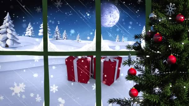 冬の風景や窓から見える贈り物のアニメーション クリスマス お祝いのコンセプトをデジタルで — ストック動画