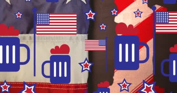Animation Von Flaggen Und Bierkrügen Über Freiheitsstatue Amerikanischer Patriotismus Unabhängigkeit — Stockvideo