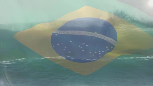 Animace vlajky Brazílie vlající nad plážovou krajinou. cestování, dovolená, vlastenectví a koncepce oslav digitálně generované video.