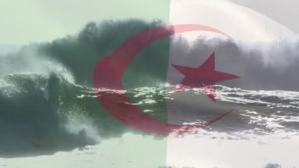 Animación Bandera Algeria Soplando Sobre Las Olas Mar Viajes Vacaciones — Vídeos de Stock