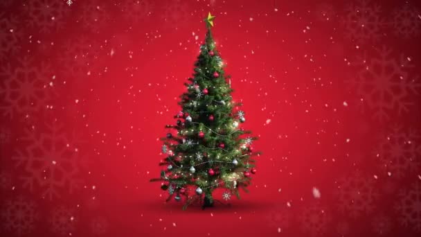 赤い背景にクリスマスツリーの上に降る雪のアニメーション クリスマス 伝統とお祝いのコンセプトデジタルで生成されたビデオ — ストック動画