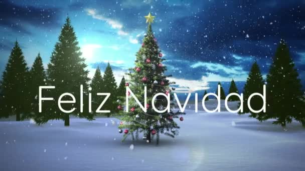 Animation Feliz Navidad Text Christmas Tree Snow Falling Winter Scenery — Stock Video