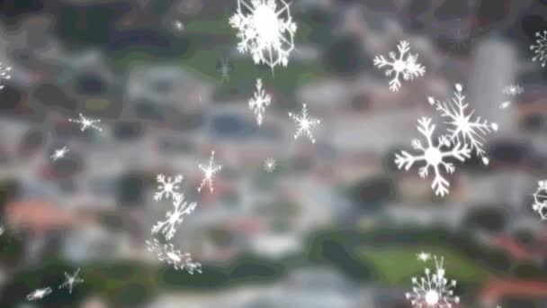 Animation Von Fallendem Schnee Über Verschwommenem Stadtbild Weihnachten Tradition Und — Stockvideo